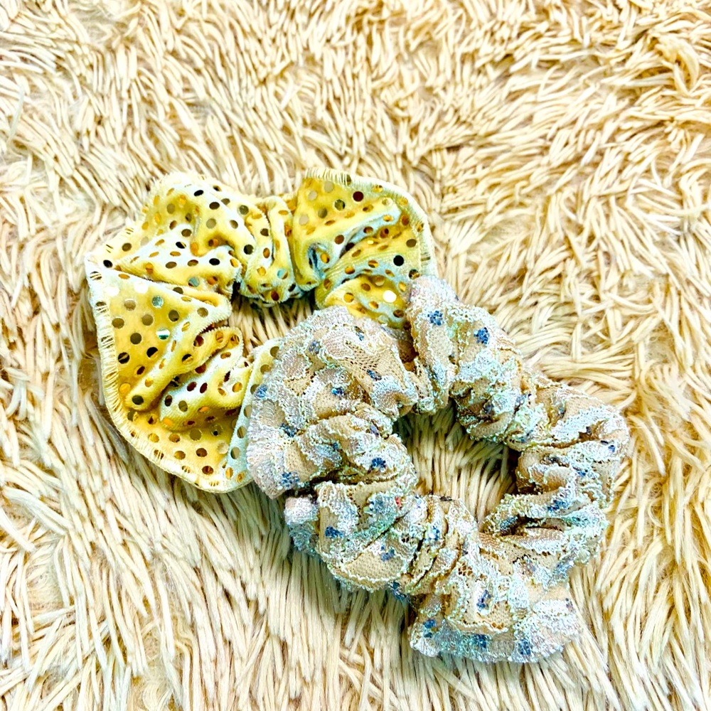 Scrunchies Gold & Champagne Set of Two Stylish glitter sequin fabric hair ties